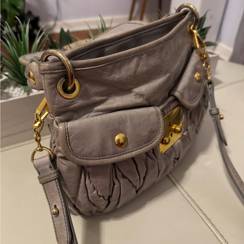 Miu Miu Gray Leather Handbag with Gold Accents - Picture 11 of 14
